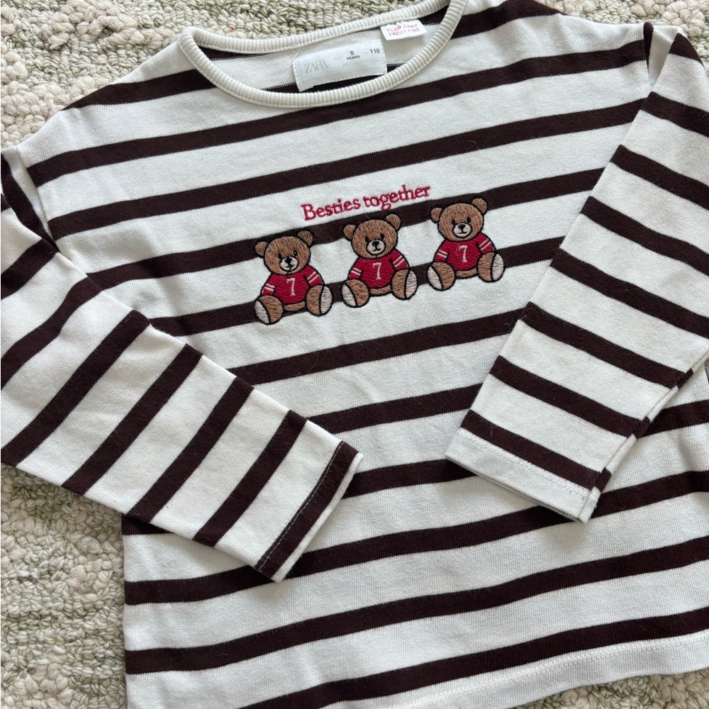 Zara Brown and White Striped Shirt with Bear Design